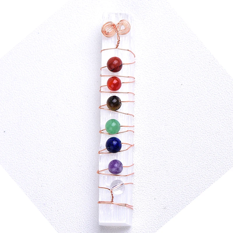 Seven Chakra Natural Stones Selenite Stick Wand Yoga Meditation Spiritual Reiki Beads Wire Wrapped Healing Stone Collection Gift