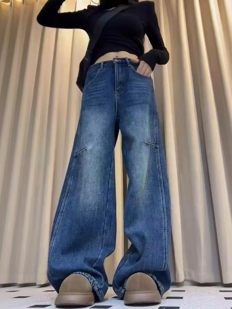 

plus Size American Retro Denim Jeans Women's Spring Summer Pear Shape Loose High Waist Slim Straight Wide Leg Pants