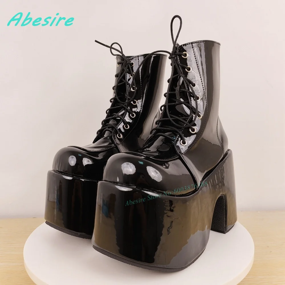 

Patent Leather Lace Up Ankle Boots Round Toe Platform Chunky Heels Women's Boots Lolita Punk Solid Patchwork Casual Shoes 2026