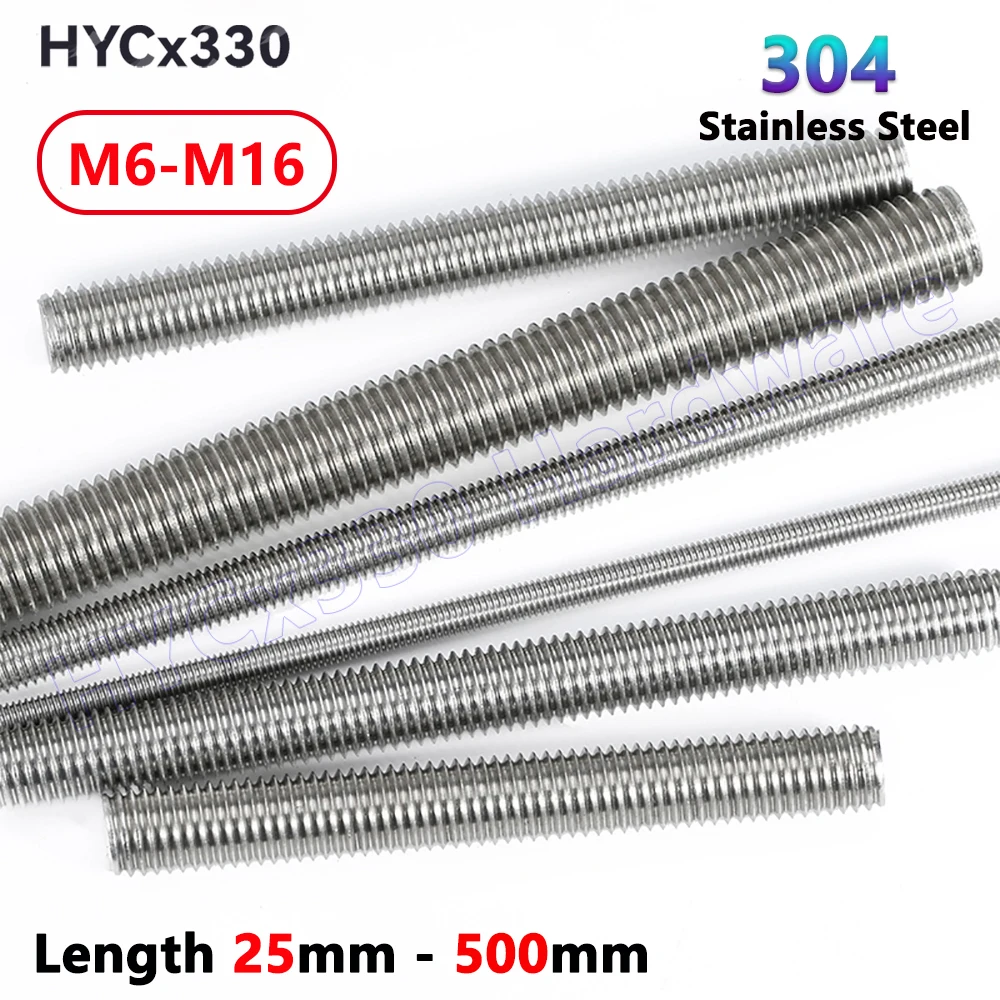 304 A2 Stainless Steel Full Threaded Rod M6 M8 M10-M16 Fully Metric Thread Rods Shaft Bar Screws Headless Bolt Stud L=25mm-500mm