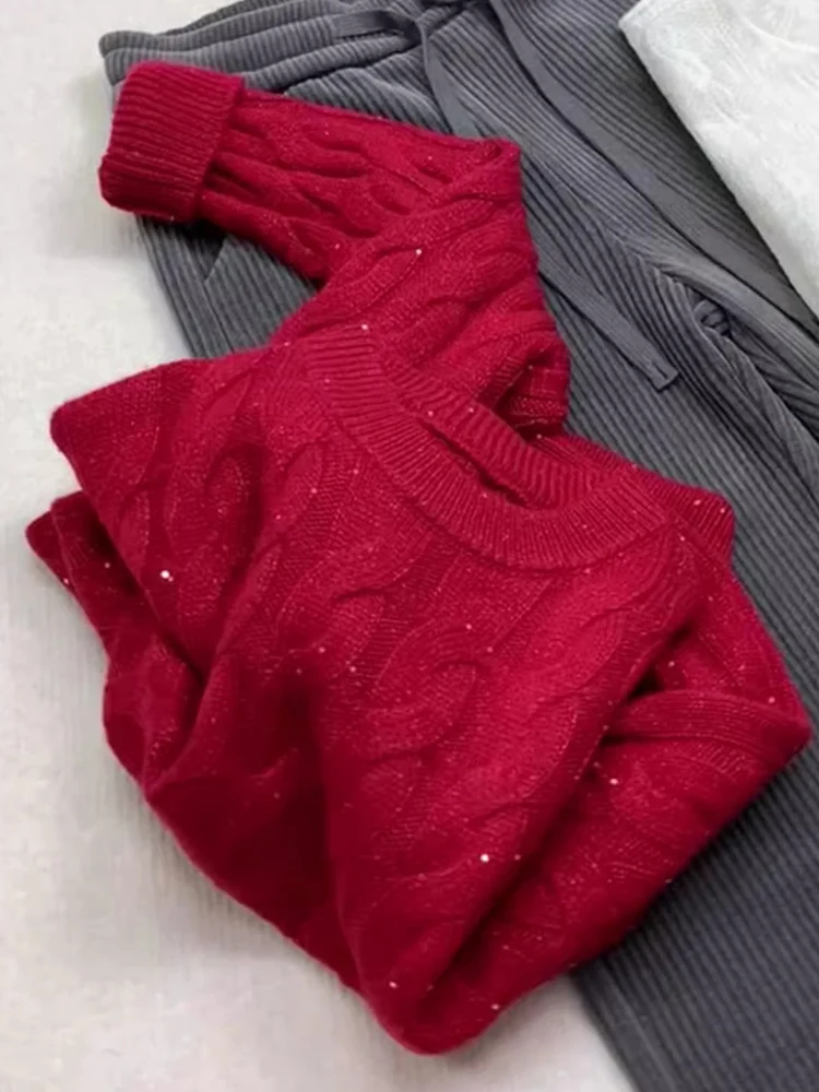 سترة صوفية دافئة ومريحة بتصميم ملتوي أحمر مع ترتر لامع للخريف والشتاء، أزياء نسائية بمقاسات كبيرة وأسلوب عملي