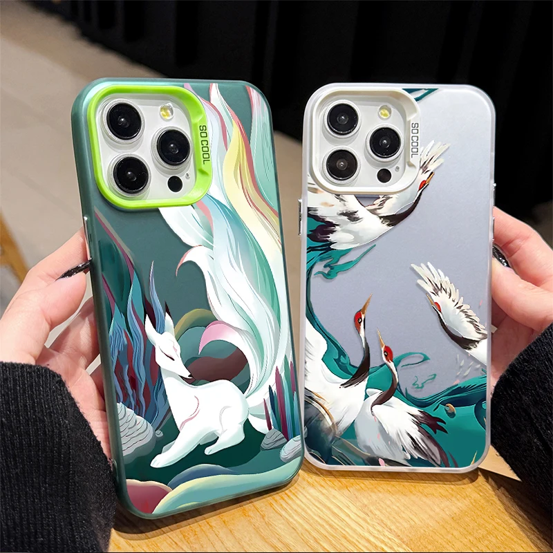 Nine Tailed Fox and Fairy Crane Case for iPhone 16 15 14 13 12 11 Pro Max XS X XR 8 7 Plus SE 2020 Plating Shockproof Back Cover