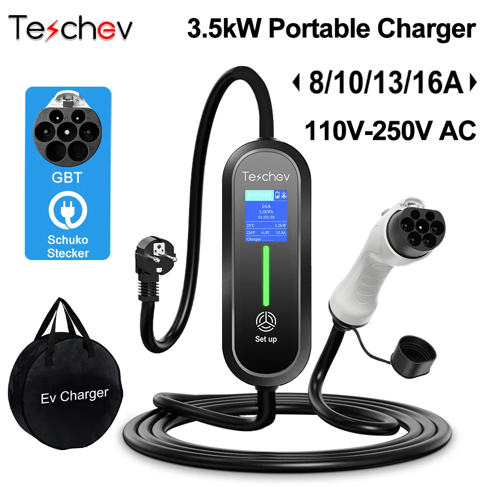 Портативное зарядное устройство Teschev EV GB/T, разъем 16A, 1 фаза, 3,5 кВт, 3,5 м, зарядная станция Wallbox для электромобиля