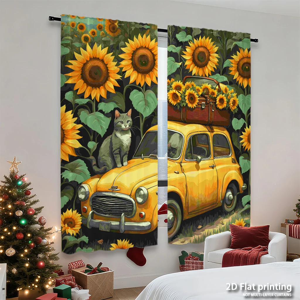 مجموعة مكونة من قطعتين من ستائر مطبوعة رقمية عالية الوضوح عباد الشمس الصفراء لوحة زيتية للقطط على طراز ديكور المنزل