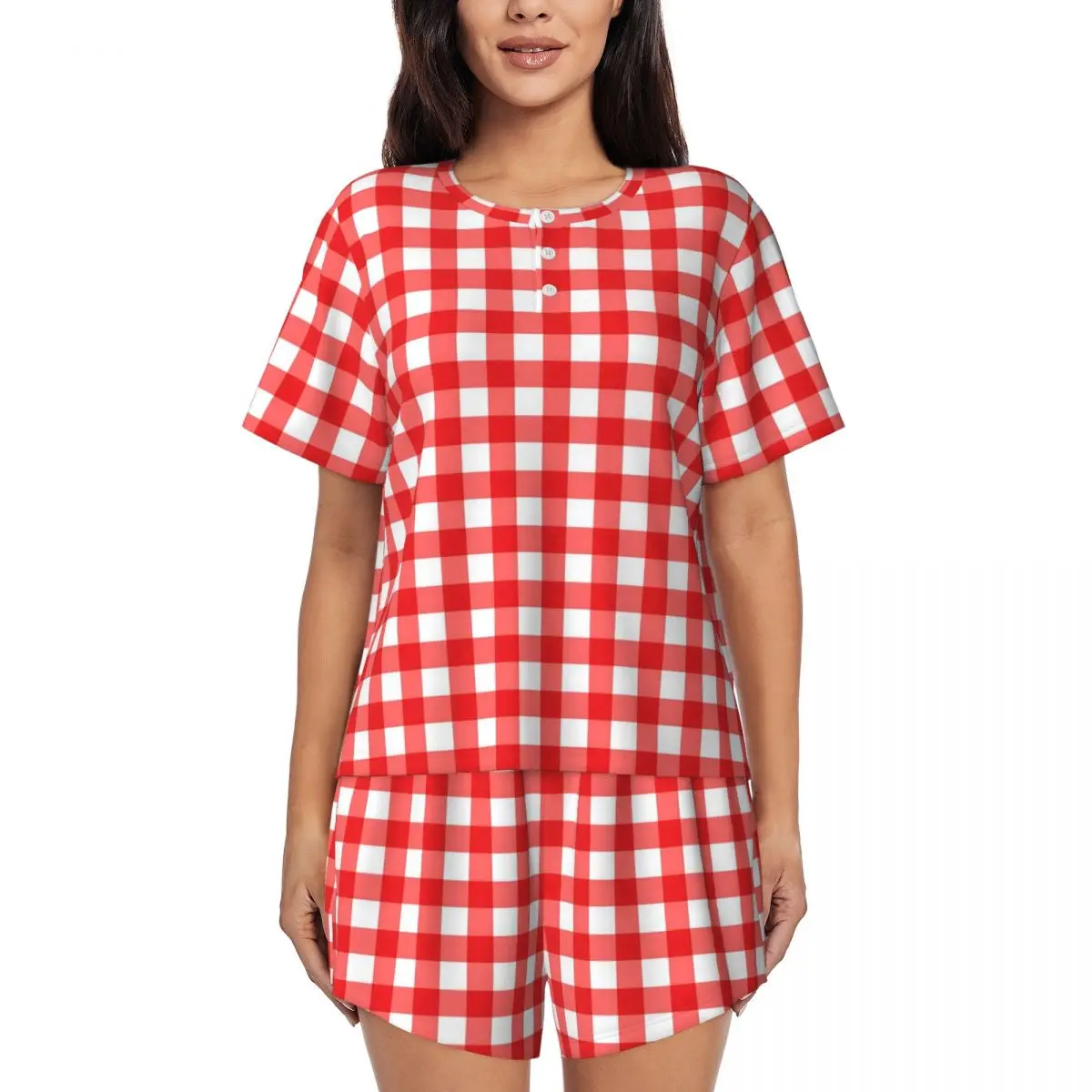 Gingham Check Print Pajamas Short Sleeve Red And White 2 Piece Leisure Pajamas Set Summer Women O Neck Cute Nightwear