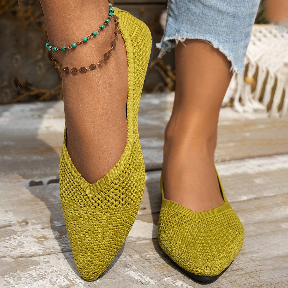 Neue Frauen Spitz Wohnungen Schuhe Casual Atmungsaktive Ballett Turnschuhe Frauen Leichte Einfarbig Gestrickte Slip auf Damen Loafer – Detail 15
