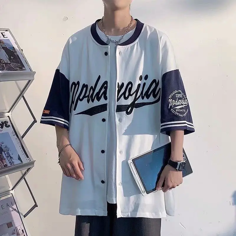 Baseball Shirt Men and Women Hippie Vintage Oversized Hip Hop Streetwear Korean Style Short Sleeve Button Up Blouse Summer Shirt