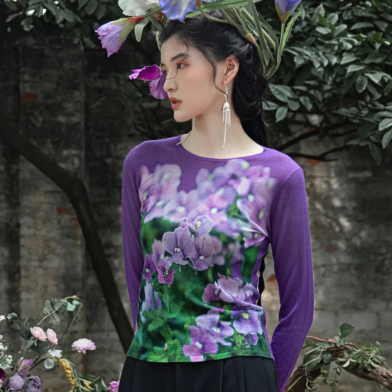 A Life On The Left Women Sweater Long Sleeve Round Neck Original 100% Sheep Wool Flower Printing Warm Purple Knitwear Tops