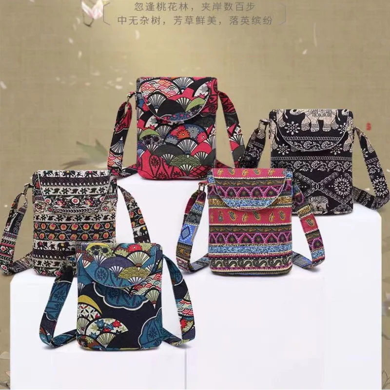 New Chinese Style Fabric Mini Crossbody Bag Printed Canvas Coin Bag Women\'s Bucket Shoulder Bag Ethnic Style Mobile Phone Bag