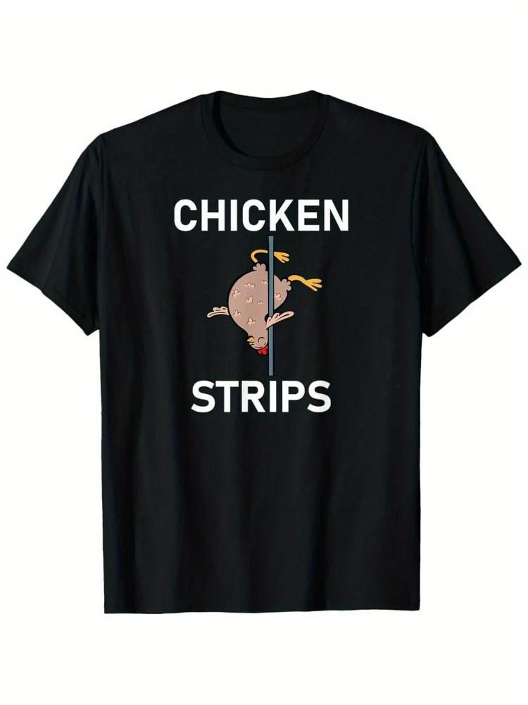 

Retro Chicken Strips Graphic-Funny "CHICKEN STRIPS" Design with Cartoon Chicken-100% cotton printed men's T-shirt.