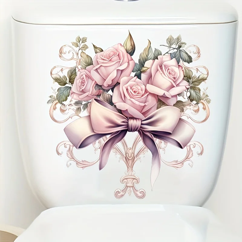 Elegant Pink Rose Bow Bathroom Decals Floral Home Decor Multifunctional Wall & Door Stickers Aesthetic Toilet Decor B45