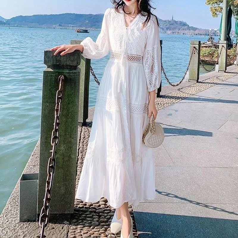 Biała Damska Letnia Długa Sukienka Codzienna Boho Koronkowa Sukienka Maxi Damska Plażowa Sukienka Wakacyjna Elegancka Vintage Sukienka na Imprezę Vestidos