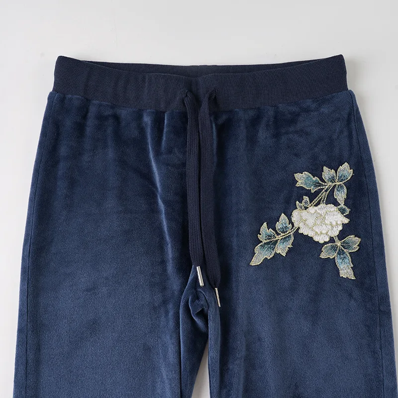 Novo cordão de cintura baixa confortável estilo casual bordado impressão magro ajuste calças casuais para mulher