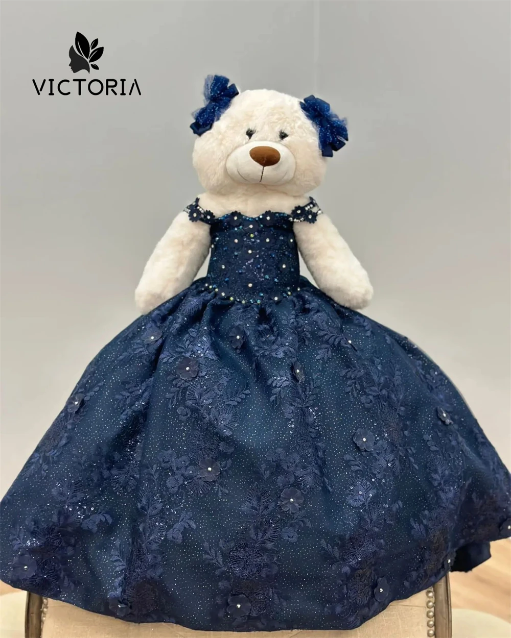 

Attractive Navy Blue Luxury Personalized Quinceanera Teddy Bear Dresses Beaded Lace Appliques Quinceanera Bear Off The Shoulder