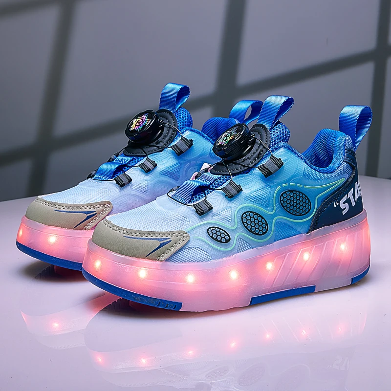 Children Roller Skating Shoes  Anti-collision Durable Walking Shoes LED Lights USB Charging Four-wheel Skate Shoes for Kids