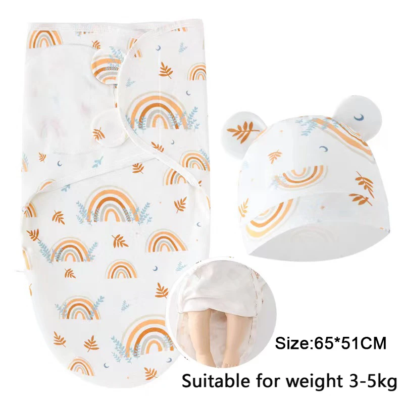 Zipper Baby Blanket Hat Set Cartoon Printed Cotton Newborn Swaddle Adjustable Infant Sleeping Swaddle Wraps All Seasons