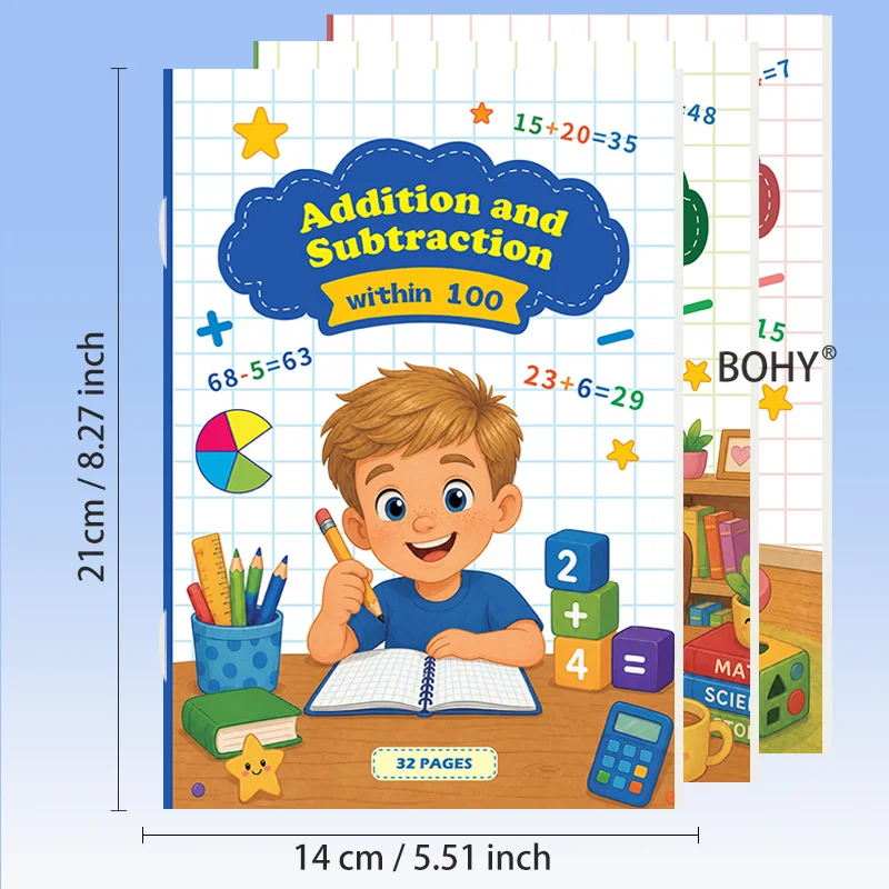 3 Books of Addition and Subtraction Arithmetic Practice, Addition and Subtraction Arithmetic Books Within 20/50/100, 96 Pages