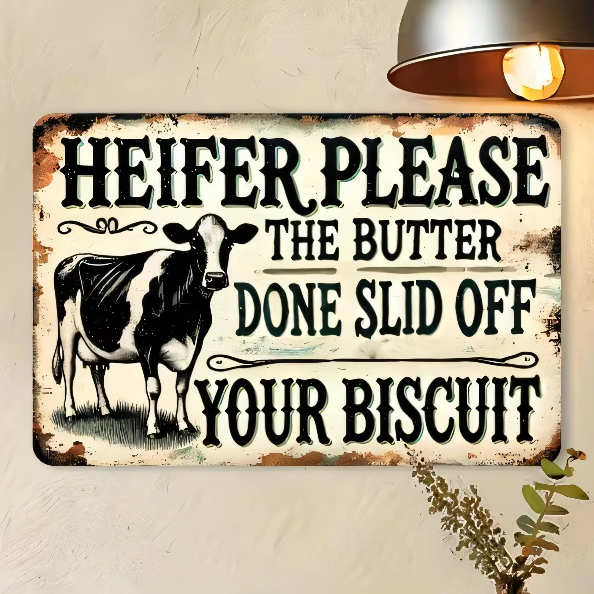 Tin Sign Heifer Please The Butter Done Slid Off Your Biscuit Vintage Cow Farm Metal Wall Art Rustic Farmhouse Decor for Kitchen