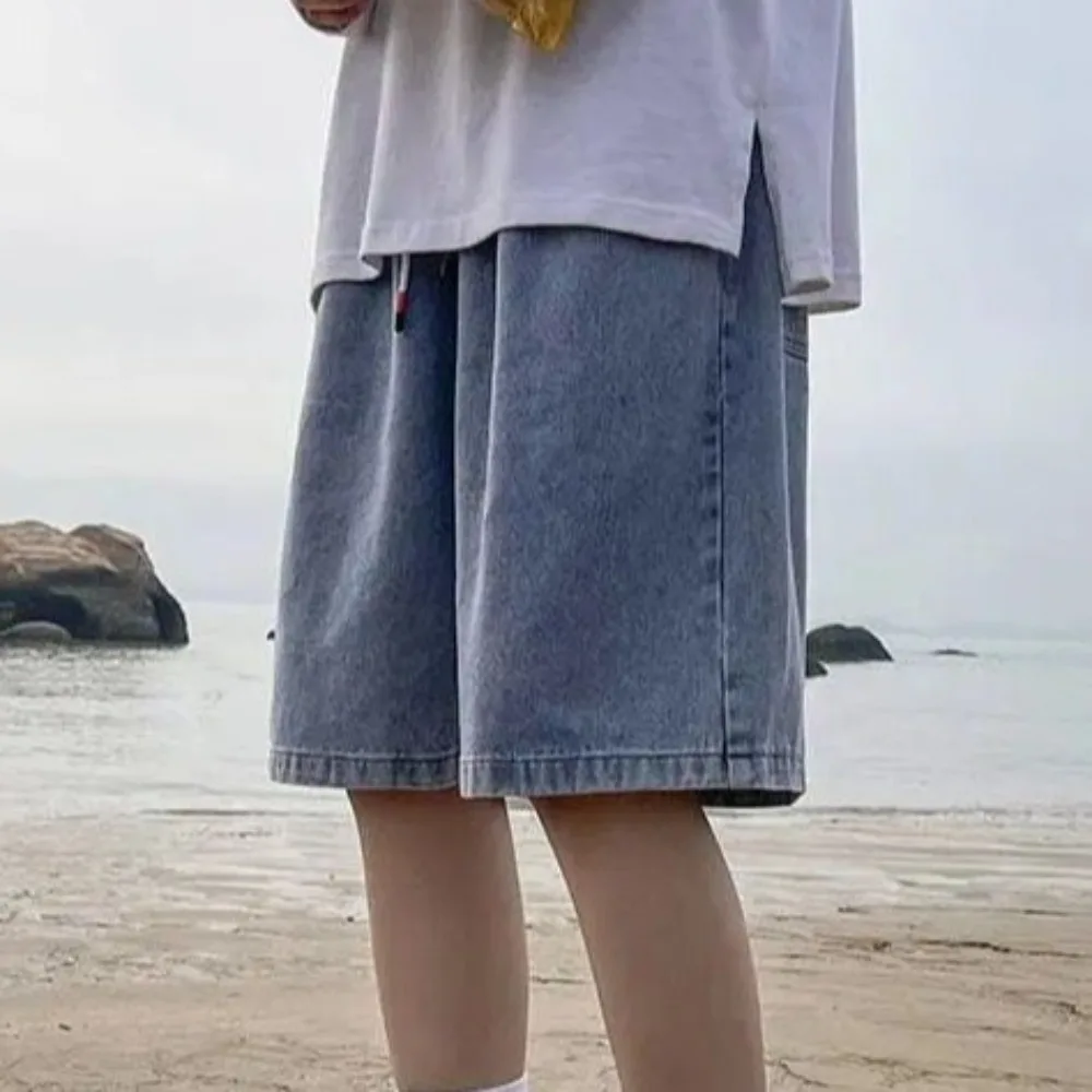 Cozy Drawstring Denim Shorts Men Loose High Waist Baggy Short Jeans Trousers Wide Leg Denim Knee Length Pants College
