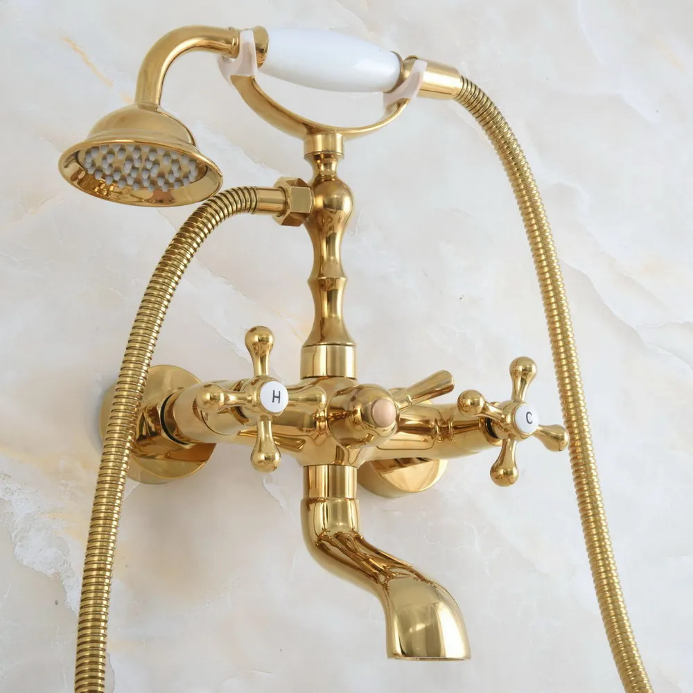 

Contemporary Golden Brass Wall Mounted Bathroom Bathtub Faucet Set with 150CM Hose Handheld Shower Spray Head Mixer Tap Dna848