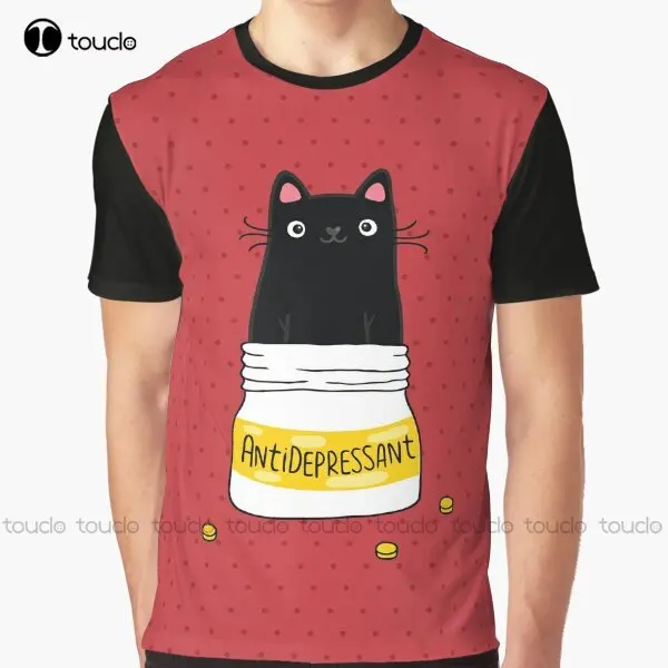 Fur Antidepressant . Cute Black Cat Illustration. A Gift For A Pet Lover. Graphic T-Shirt Digital Printing Tee Shirts Streetwear