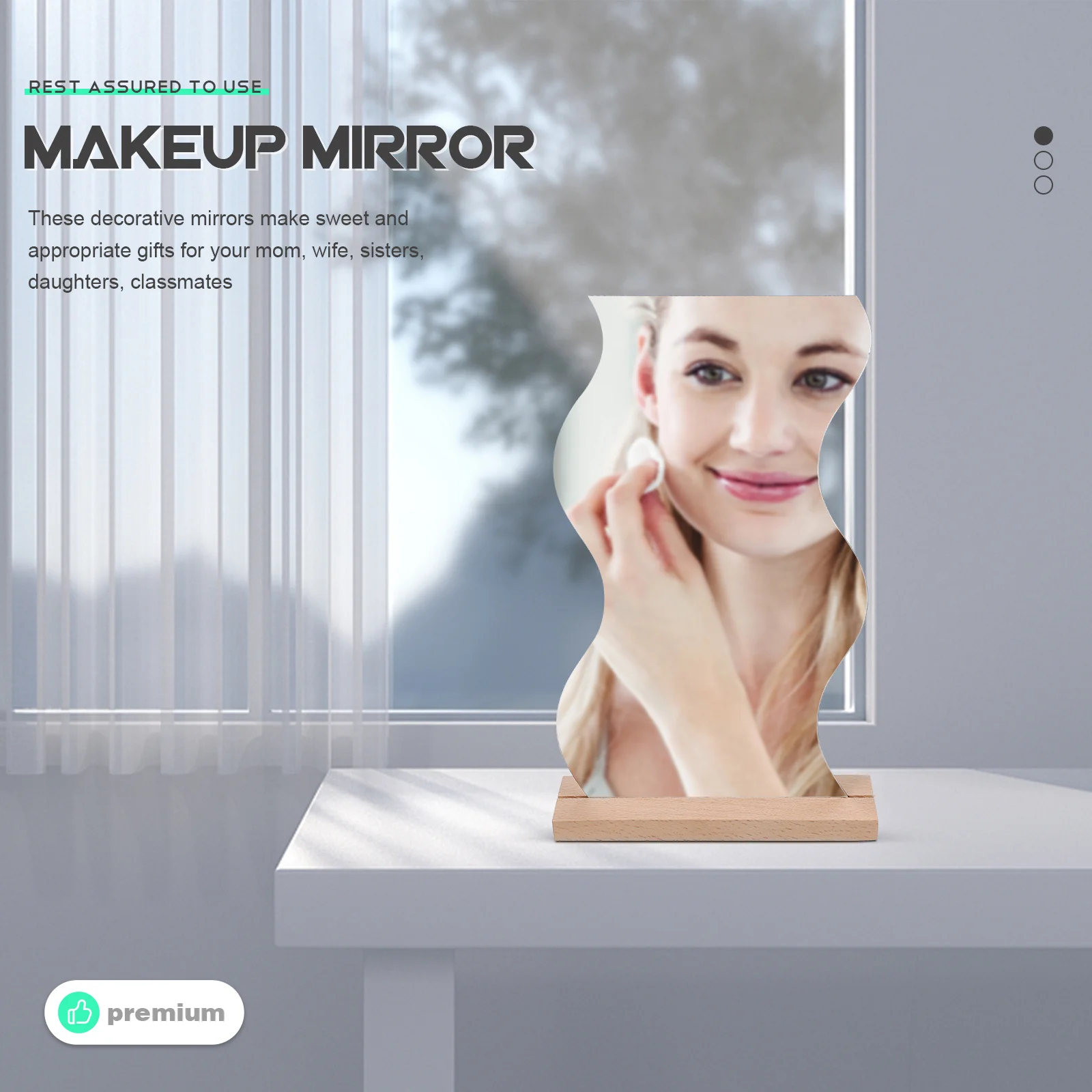 مرآة مكياج لسطح المكتب بقاعدة خشبية من الأكريليك غير منتظمة بدون إطار للطاولة لغرفة النوم والمكتب والنوم