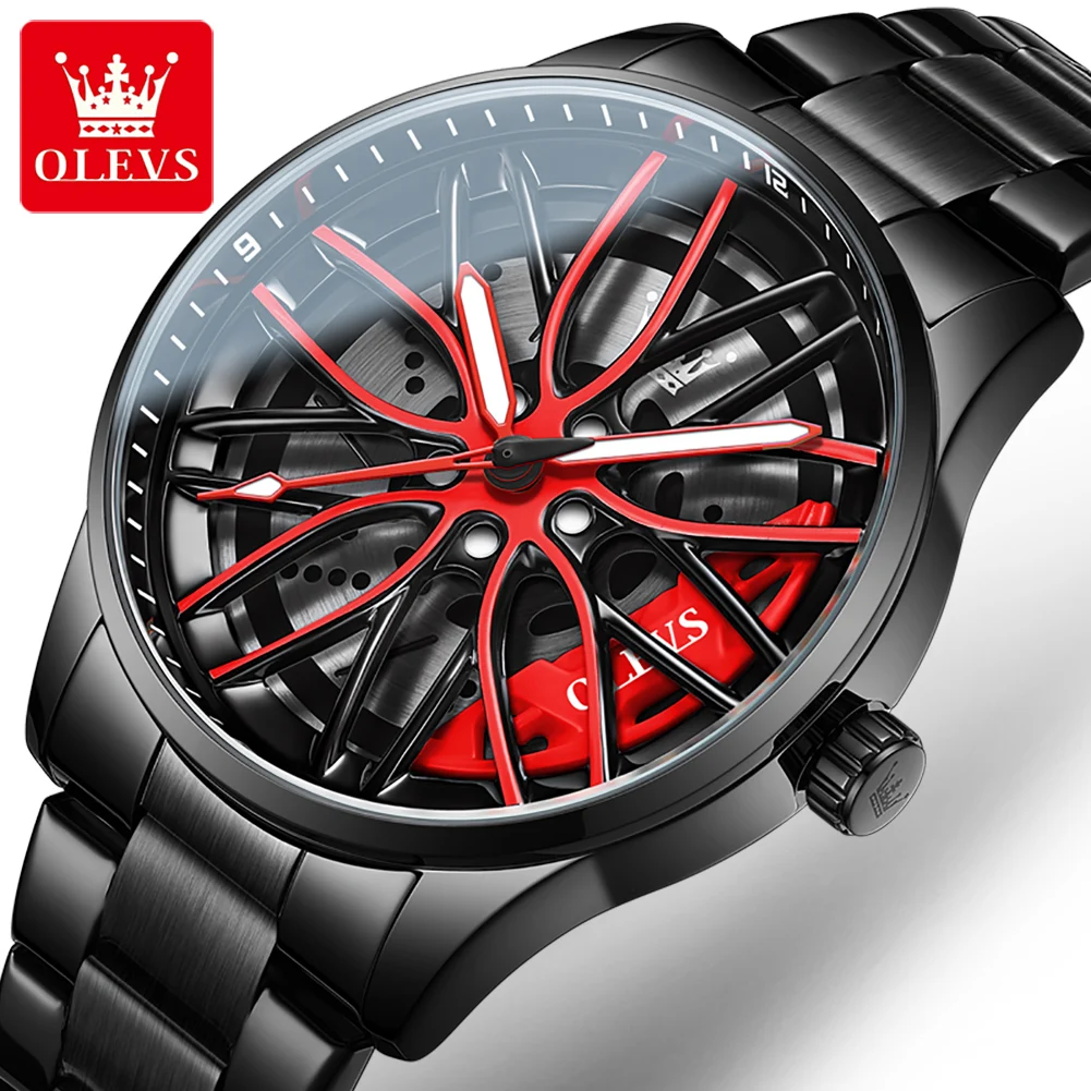 Olevs relógio masculino de luxo rotativo roda hub dial quartzo marca relógio à prova dwaterproof água luminosa aço inoxidável reloj masculino