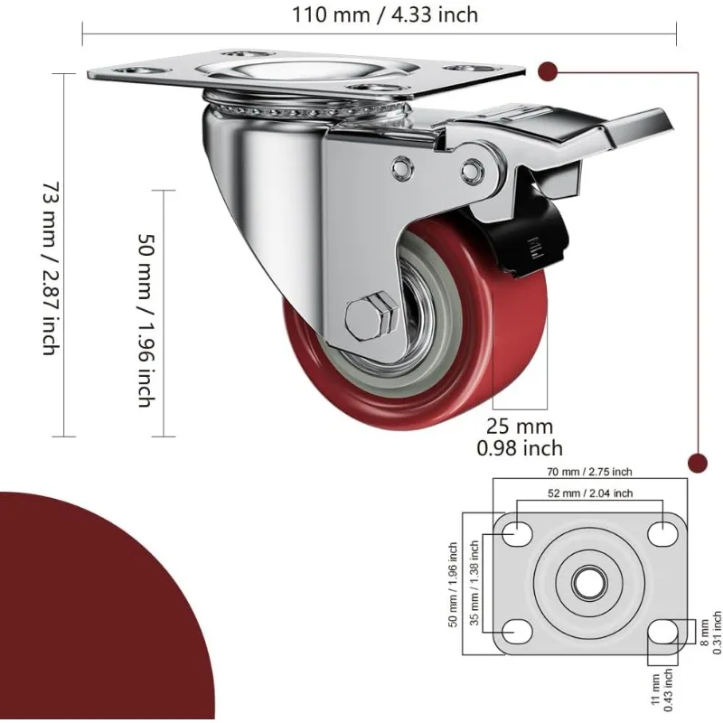 2 Inch Caster Wheels, Casters Set of 24, Red Polyurethane (PU) Casters with Brake Heavy Duty, Industrial Locking Swivel