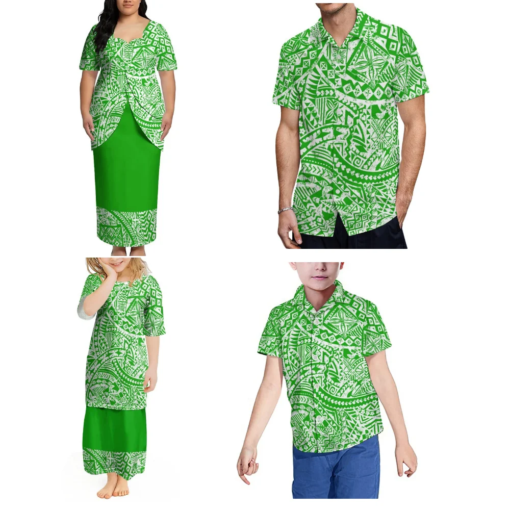 Novos Conjuntos Familiares Samoa Fiji: Camisas Masculinas e Puletasi Feminino Personalizados – Conjuntos de Vestidos Macios para Festas em Família