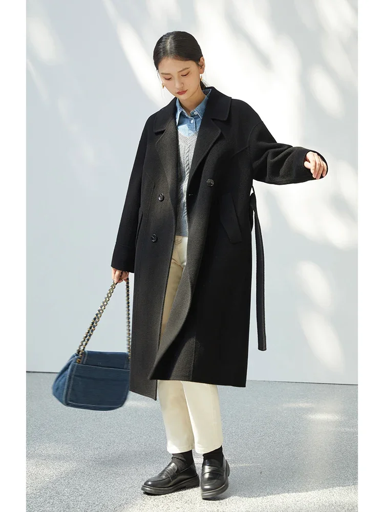 ZIQIAO Klasický 100% vlněný dlouhý kabát pro ženy, zimní 2022, styl Hepburn, jednobarevný, středně dlouhý, oboustranný, kancelářský, vlněný kabát - náhled 3
