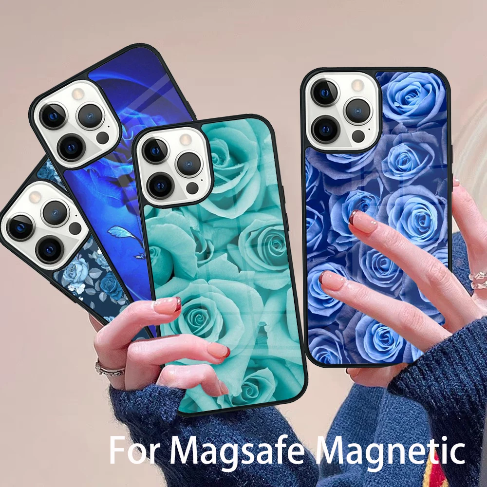 

Blue Rose Flower Phone Case Magesafe Magnetic Wireless Charge Cover For IPhone 16 11 12 13 14 15 Pro Max Plus Mini