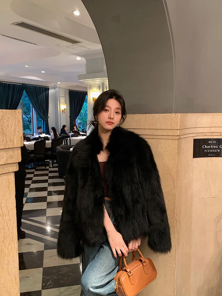 Women Faux Fox Fur Coats Solid Short Jackets Long Sleeves Turn Down Collar Open Stitch Loose Elegant Casual 2026 Autumn Winter