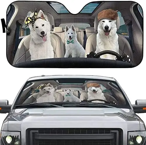 3D White Shepherd Family Dogs Driving Sunshade for Car Windshield, Dog Lovers Gifts, Dog Mom Gifts, UV Protector Front Window Su