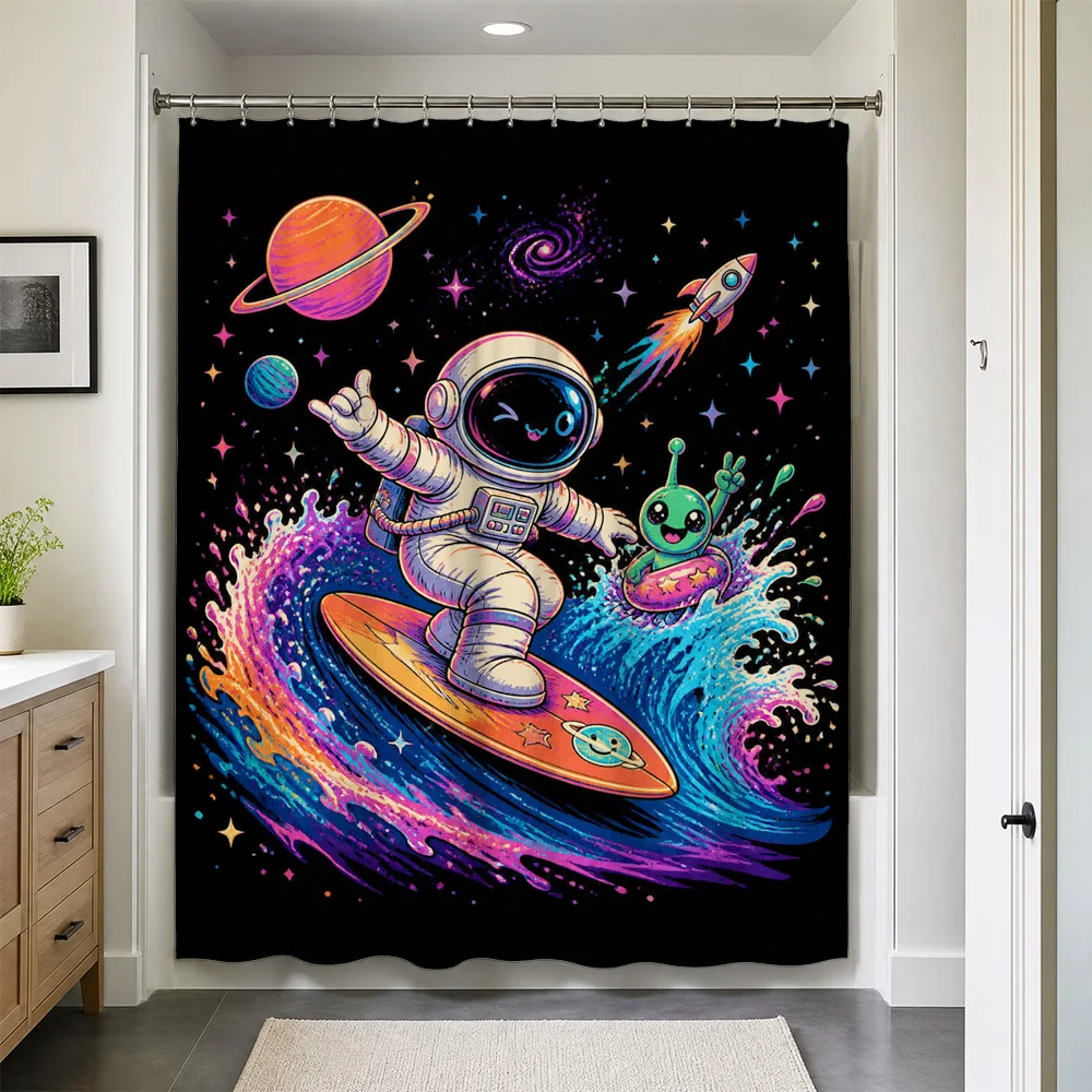Waterproof Space Astronaut Kids Cartoon Galaxy Planer Sci Fi Shower Curtain Galactic Novelty Art Bathroom Decor Print for Shower