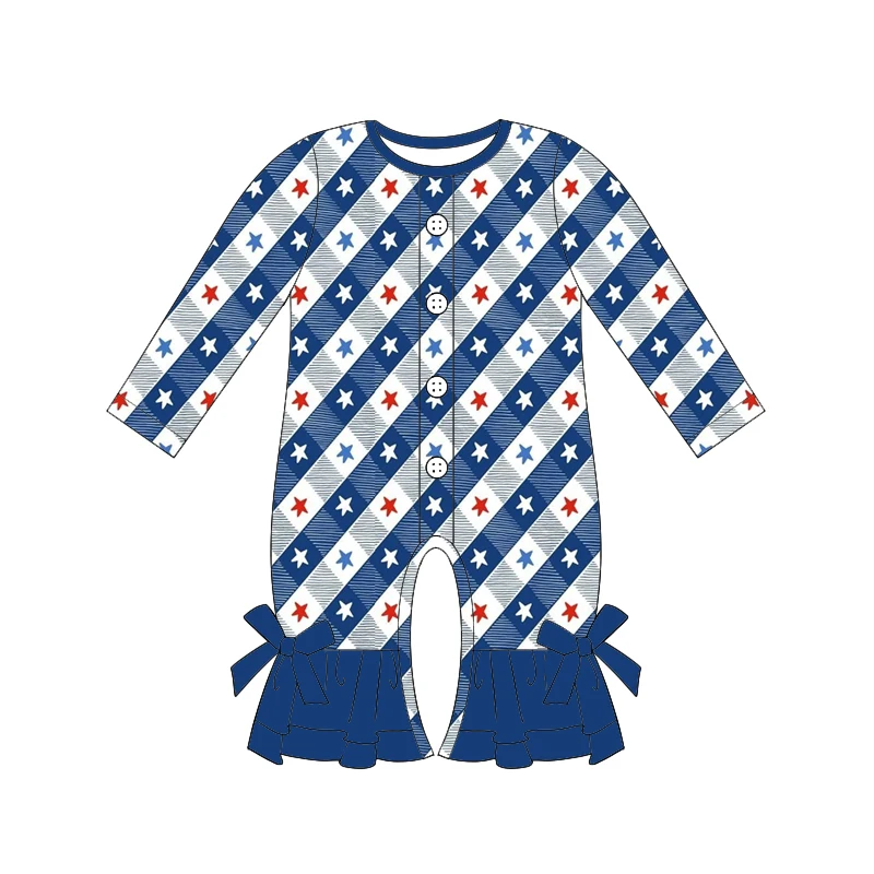 Patriotic onesies babies baby style July 4th Long sleeves buttons ruffles bow decorate Red and blue star firework prints custom