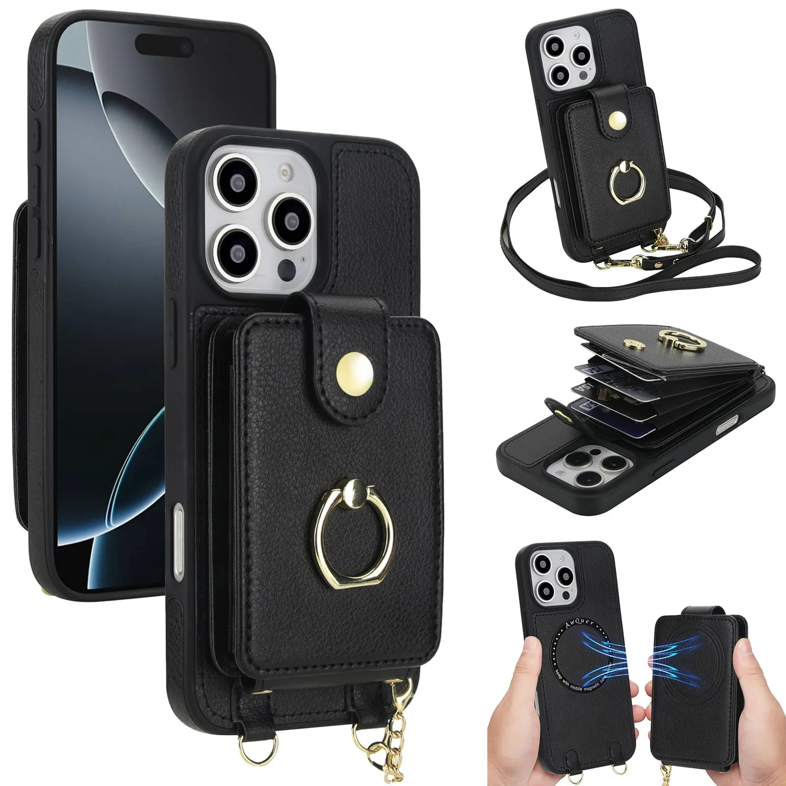 

Для iPhone 17/Air/16e/16/15/14/13/12 Pro Max чехол-кошелек съемный кошелек через плечо с браслетом [совместим с магнитом]