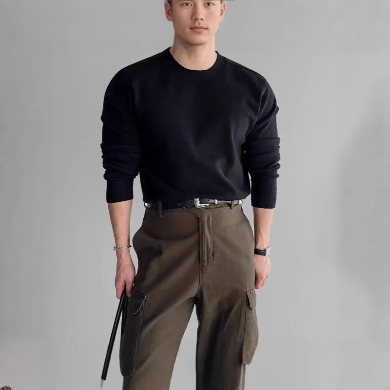 Small neckline core yarn knitted sweater for men slim long-sleeved sweatshirt Modal soft bottomed wool shirt