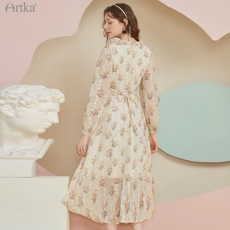 ARTKA 2022 Spring New Women Dress Elegant French Lace Ruffle V-Neck Dresses Long Sleeve Chiffon Floral Midi Dress LA20015Q