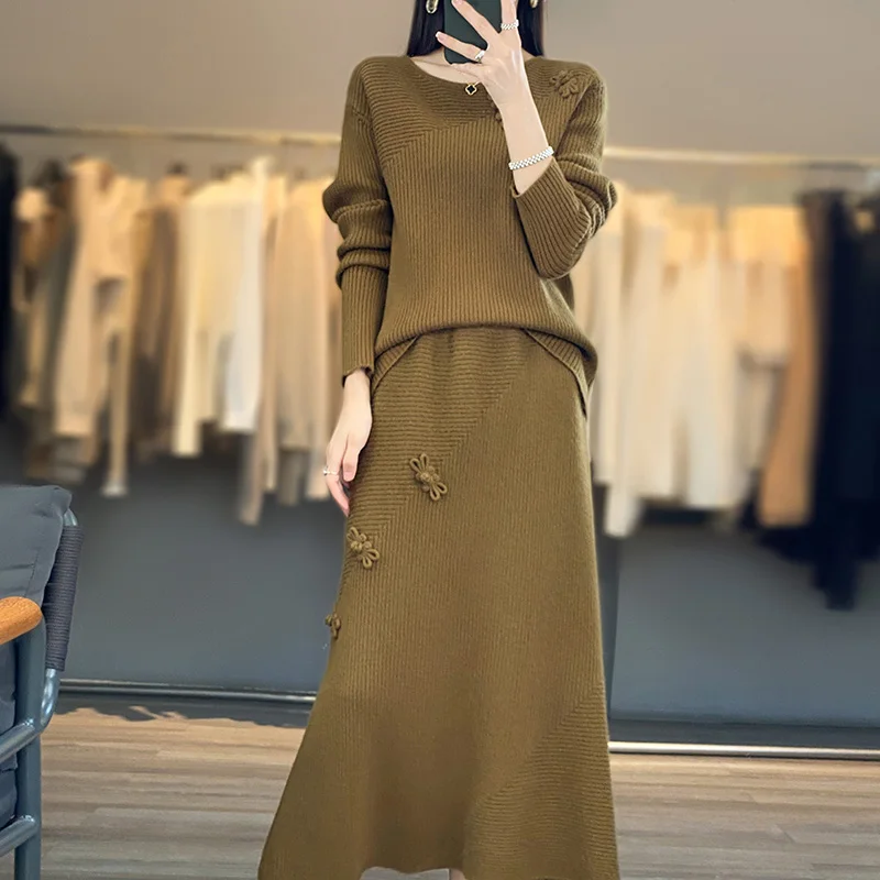 New Hot Selling Women\'s Set Fashion O-Neck Knitted 100% Wool Pullover Women\'s Sweater Versatile Long Half Skirt Pure Wool suit