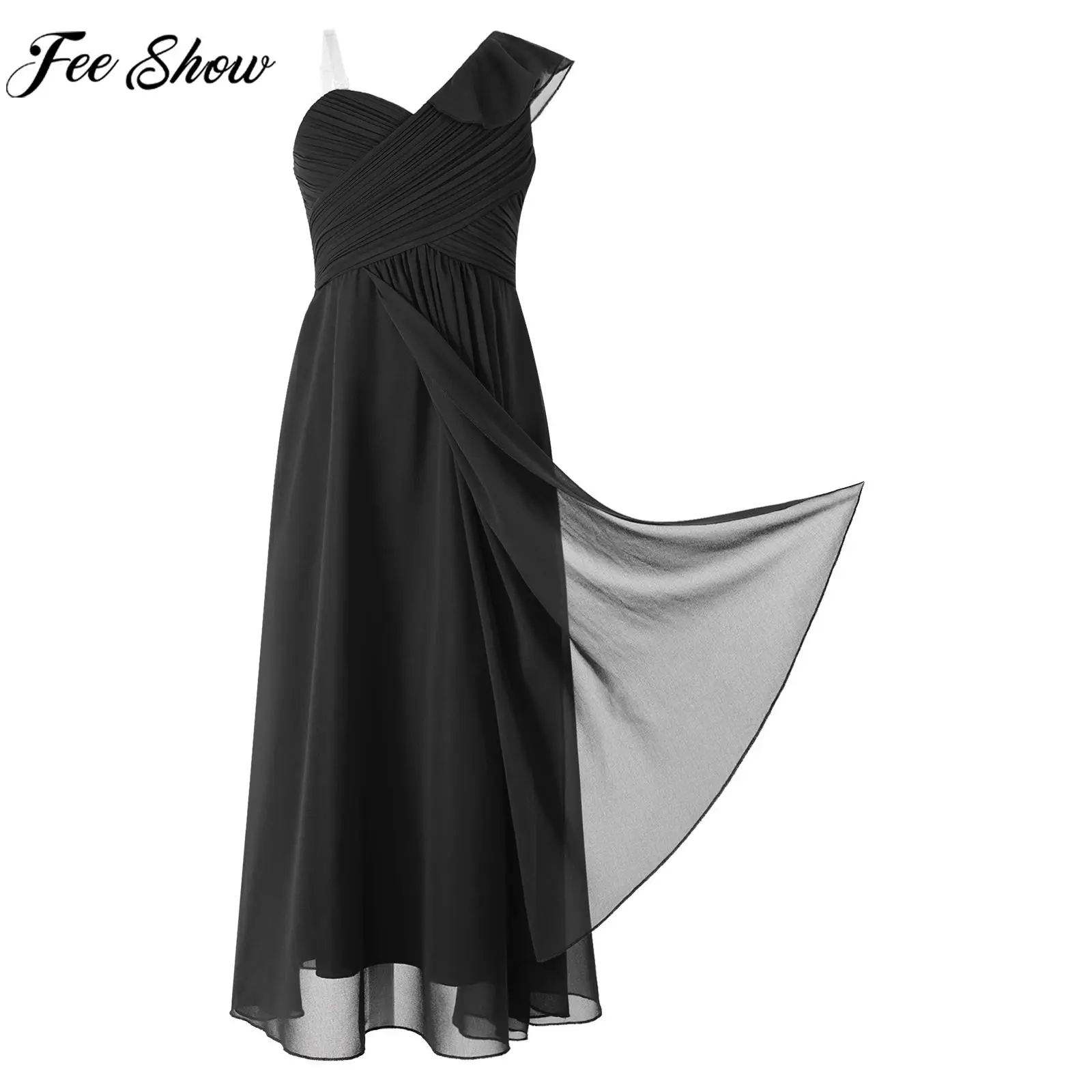 6-16Y Girls Wedding Bridesmaid Dress Elegant One-Shoulder Ruched Chiffon Maxi Birthday Party Dresses Evening Prom Stage Gown