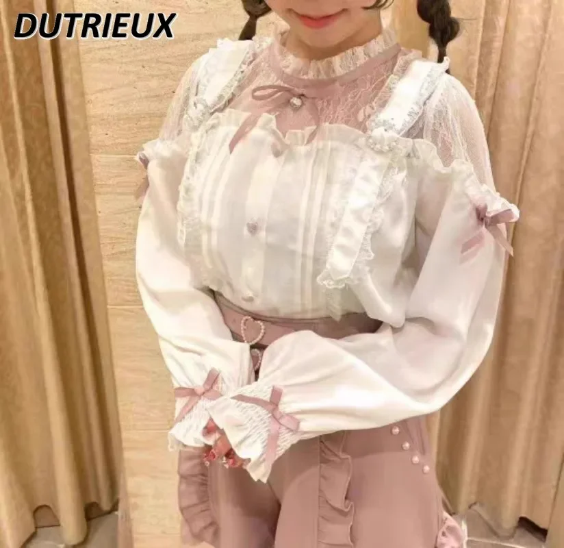 

Japanese Mine Mass-Produced Off-the-Shoulder Tops Sweet Cute Girls Long Sleeve Blouse Arm Covering Slim Fitted Waist Shirt