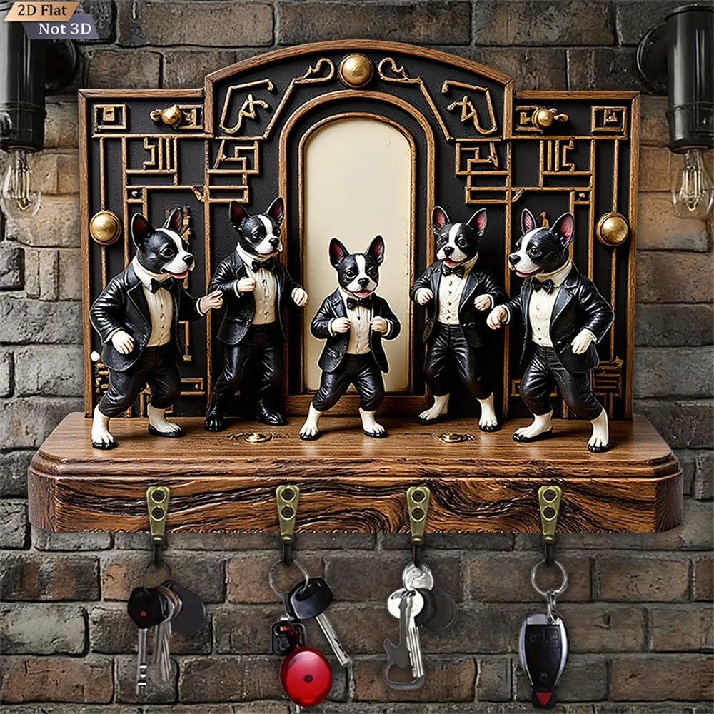 2D Flat, 1pc, Retro Suit Puppy Key Hook, Wooden Multifunctional Home Key Hook, with Four Metal Hooks, Wall Decor, Porch Decor,