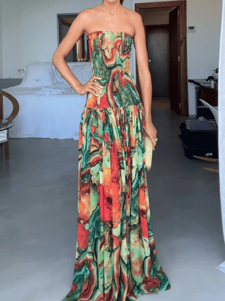 Seksowna damska sukienka bez ramiączek bez pleców Maxi sukienka damska z nadrukiem retro Bohemian Party Dress Summer bez rękawów luźne długie sukienki Vestidos