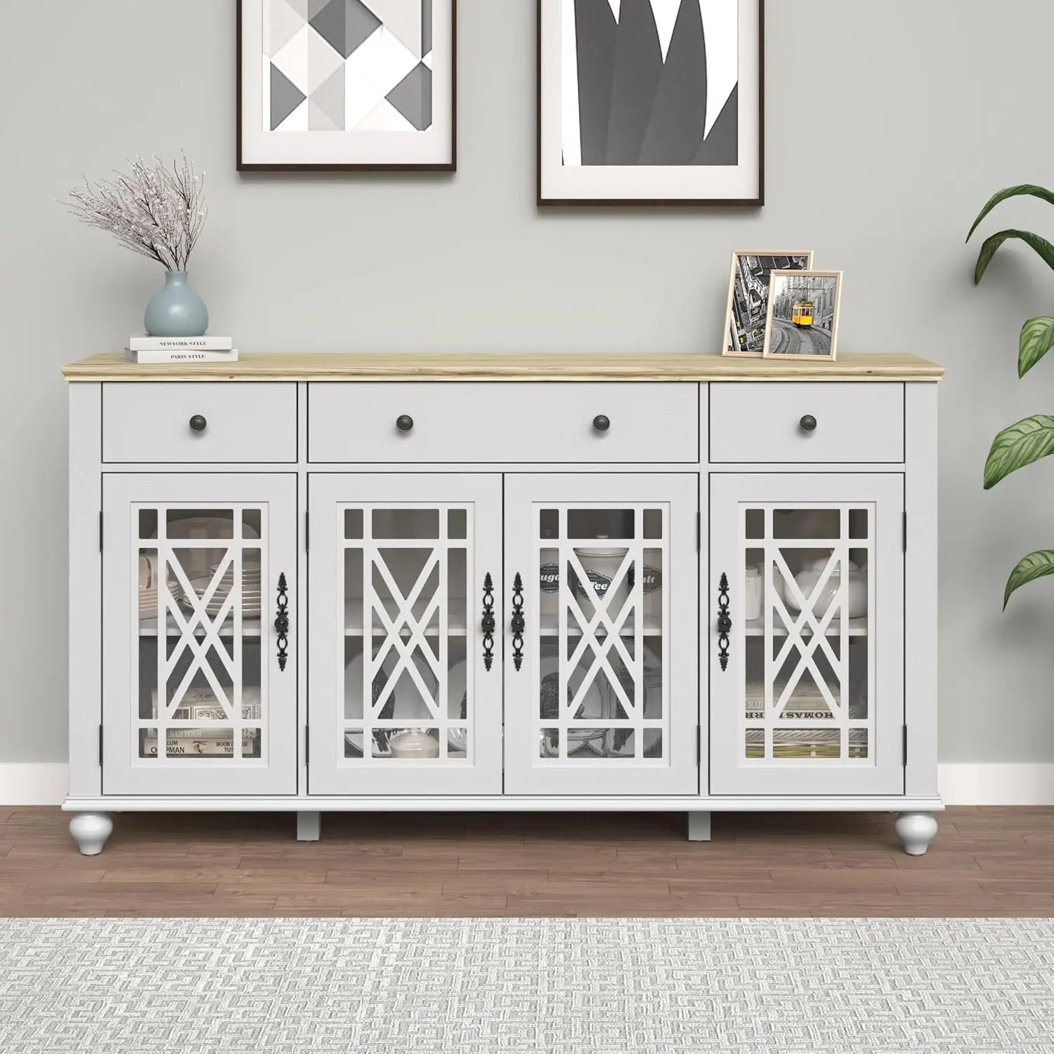 63 Inch Sideboard Cabinet with 4 Glass Doors & 3 Drawers, Living Dining Room Kitchen Hallway Storage, White, Customized