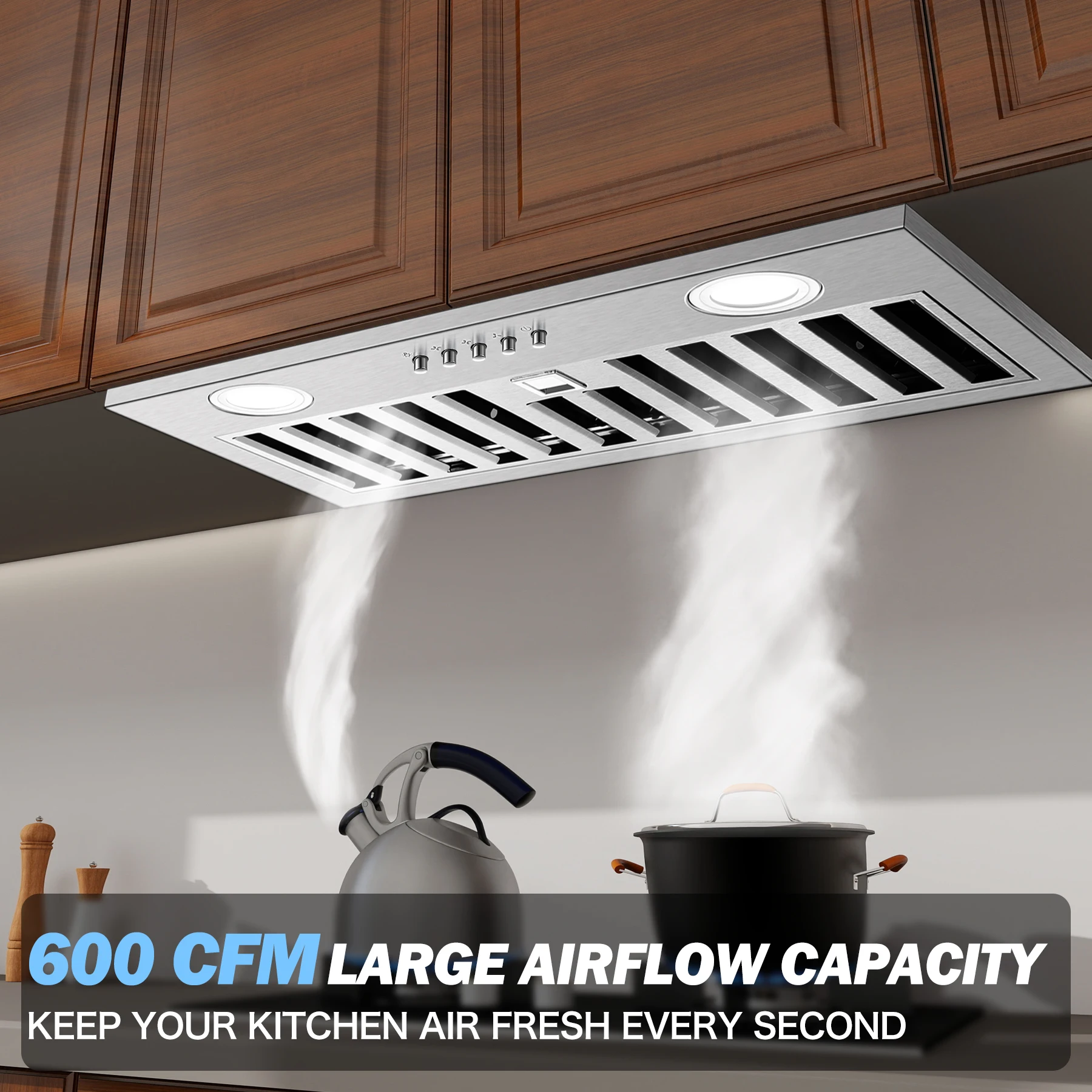 20" 600 CFM Insert, Ultra-Quiet ≤60dB, Dishwasher-Safe Filter, 3-Speed, LED Lights, Ductless/Ducted Range Hood