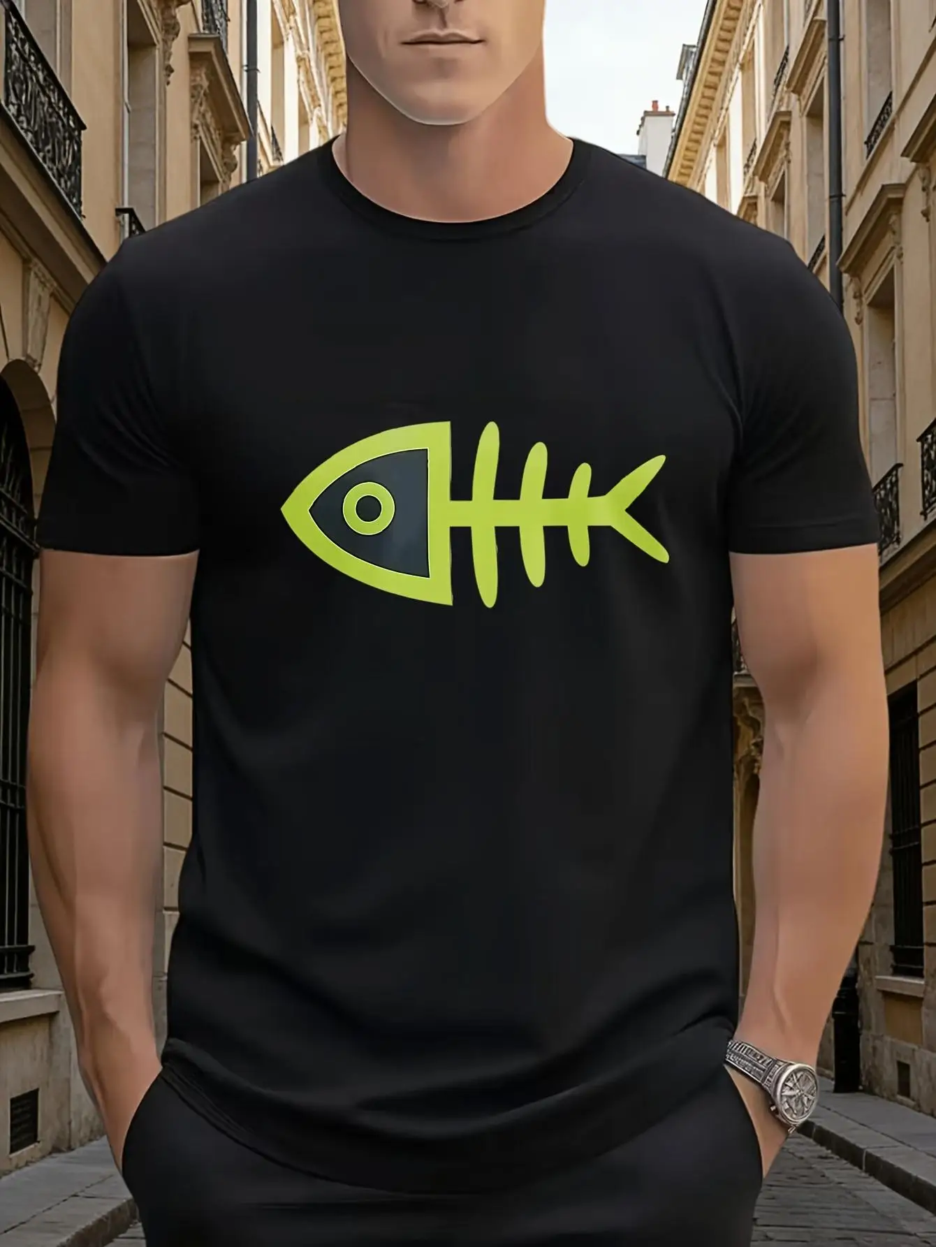 Men's Casual Summer T-Shirt with Fishbone Print, Ideal for Streetwear