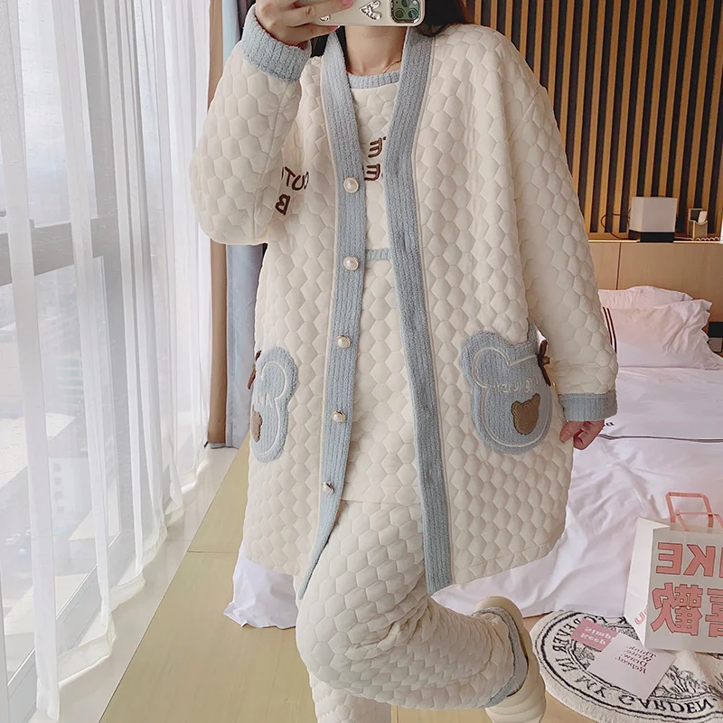 Spring Autumn Woman 3 Pieces Pajamas Sets Sleepwear  Long Pants Long Sleeved Cotton postpartum breastfeeding Home wear