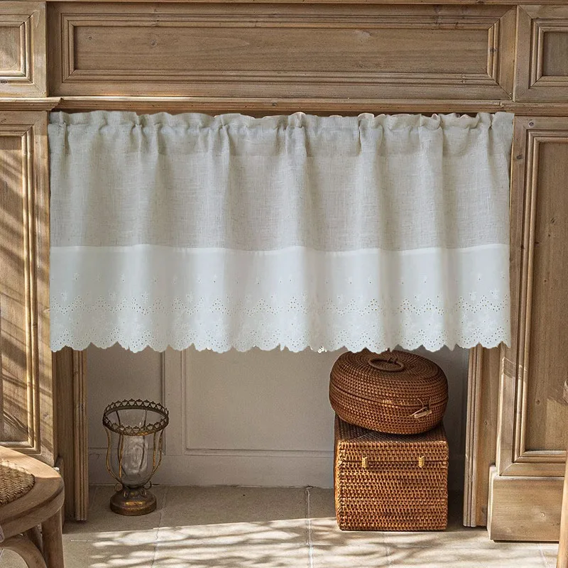 American Cotton and Linen Splicing Embroidered Lace Cafe Curtain Rod Pocket Short Drapes For Kitchen Door Farmhouse 1Piece