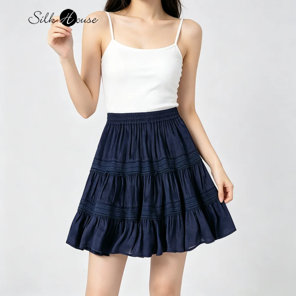 2026 Women's Casual Summer New 50% Natural Mulberry Silk 50% Linen Elastic Waist with Inner Lining Solid Color Skirt