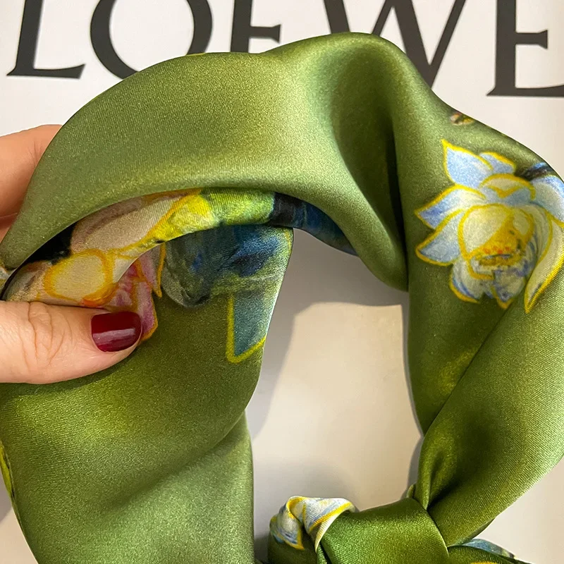 2023 New 100% Real Silk Square Scarf for Women Floral Print Luxury Nature Silk Neckerchief Female Bag Ribbon Hairband Bandana